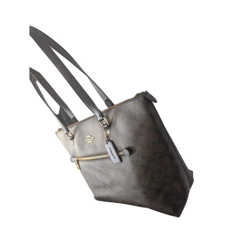 Coach Brown Signature Canvas Tote with Black Handles and Gold Hardware